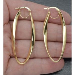 Real 14K Solid Yellow Gold Shiny 55.8mm Twisted Oval Hinged Hoop Earrings